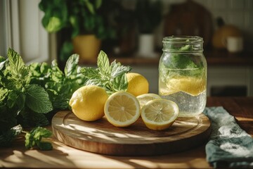Sunlit Lemon and Mint Infusion: A Refreshing Beverage on a Wooden Tray, Showcasing Healthy Living and Natural Ingredients in a Bright, Airy Kitchen Setting.
