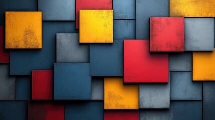 Colorful geometric abstract wall art with layered squares in blue, red, yellow, and gray tones