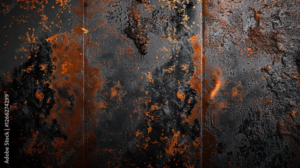 Poster rusty metal texture with dark and orange tones, showcasing weathered surface. intricate patterns cre