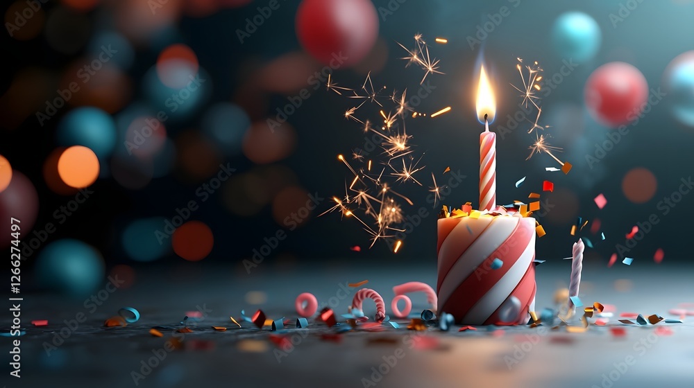 Poster a 3d rendered image of a single birthday candle lit and surrounded by a vibrant display of colorful 