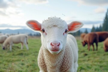 Obraz premium Adorable Fluffy White Lamb in a Green Pasture