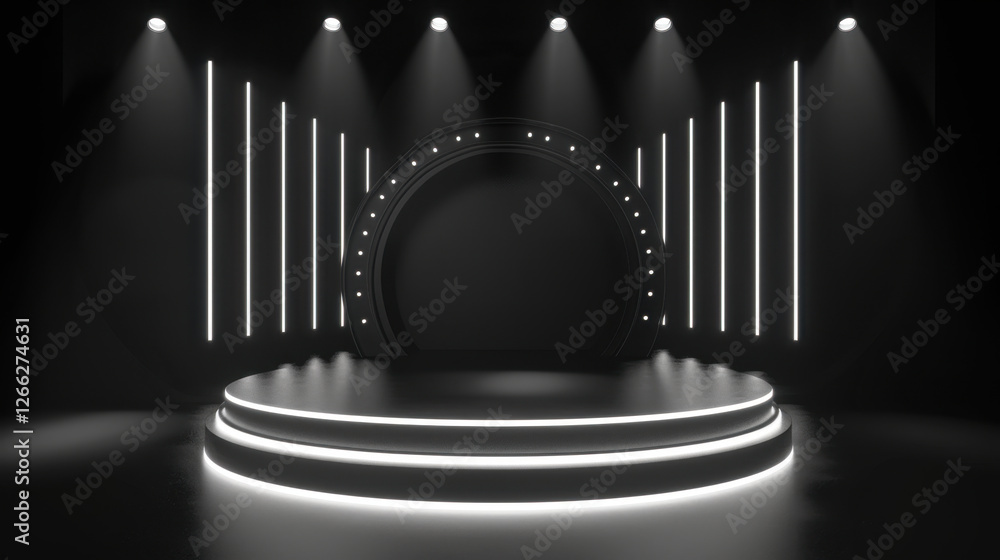 Poster modern stage design with circular platform and dramatic lighting. sleek lines and illuminated backdr