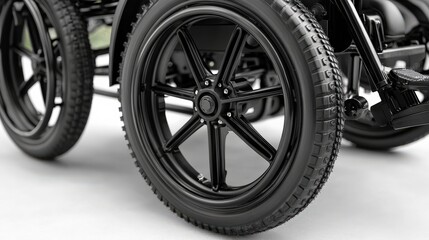 Obraz premium Close-up of a sleek black wheelchair wheel on a smooth surface, highlighting modern design features