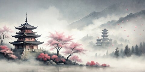 Obraz premium Serene Pagoda Landscape with Blooming Cherry Trees and Misty Mountains
