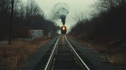 Fototapeta premium A vintage train emits smoke while traveling along a rural railway in a foggy landscape.