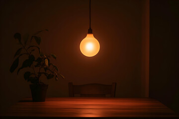 Warm, dimly lit interior scene featuring a hanging globe light illuminating a small plant on a wooden table.  Creates a calm and peaceful atmosphere.
