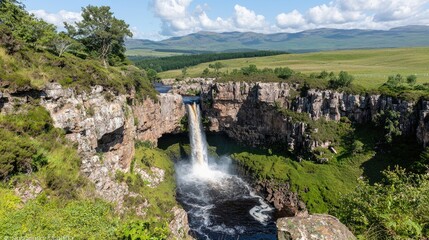 Waterfall cascading down rocky mountain face, lush green landscape, highlands. Scenic view. Possible use for travel brochure, nature photography