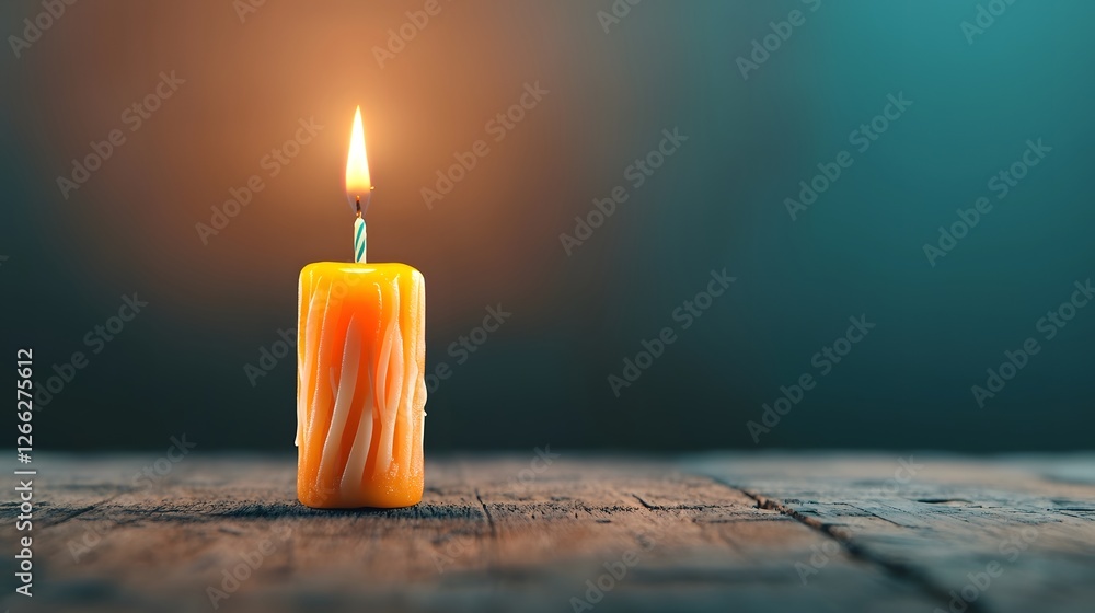 Aufkleber a 3d rendered image of a flickering candle flame resting on an old weathered wooden table creating a