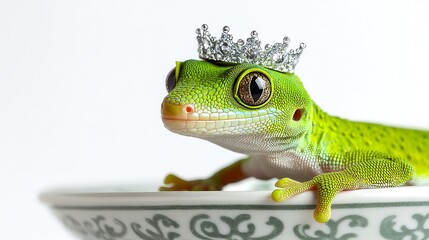 Green Gecko Wearing a Crown in a Bowl