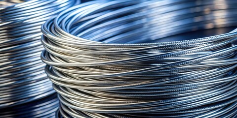 Close-up view of meticulously coiled metallic wire spools, showcasing the intricate texture and reflective surface of the material