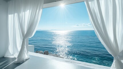 serene ocean view through sheer curtains