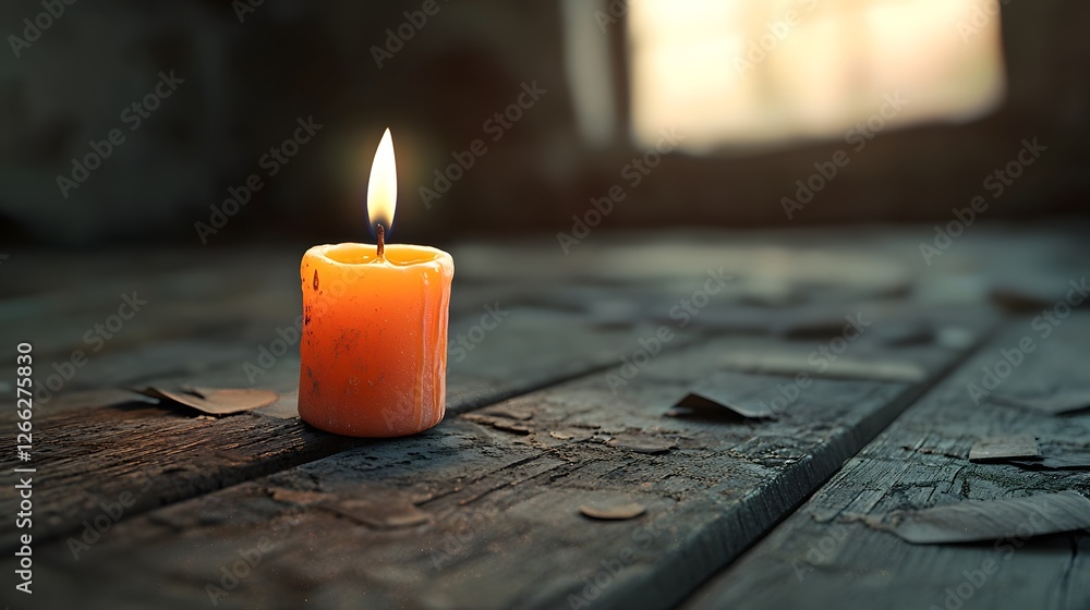 Poster a flickering birthday candle casting a warm glow in an old rustic attic setting creating a nostalgic