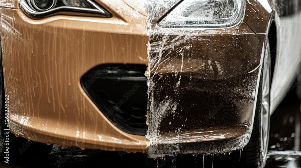 Poster Comparison of a scratched dirty car and a shiny polished vehicle with space for additional text. Generative AI