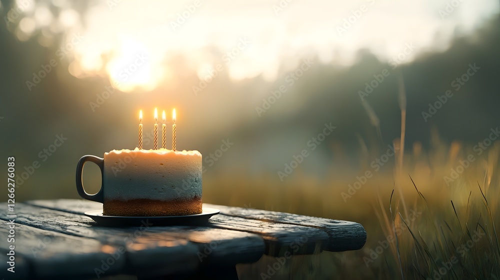 Aufkleber a digital 3d render of a birthday cake placed on a rustic picnic table in a tranquil meadow with sof
