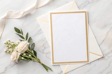 Elegant wedding invitation mockup with gold border on marble surface with bouquet and ribbon