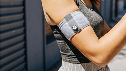 A models arm highlighting a chic fitness sleeve that includes skinembedded sensors for continuous glucose monitoring blending seamlessly with everyday athletic wear.
