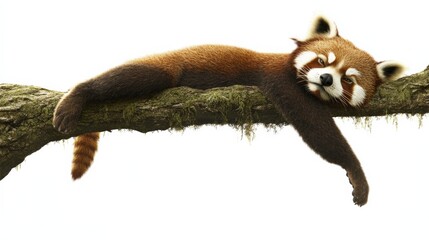 Relaxed red panda lounging on a tree branch against a soft white background, serene atmosphere