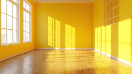 Obraz premium sunny empty room with yellow walls and wooden floor