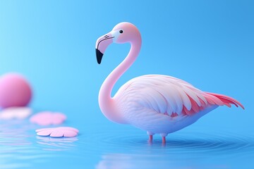 Fototapeta premium A stylized flamingo standing in calm water, surrounded by pink lily pads and soft pastel-colored spheres. The background features a smooth gradient of blue, enhancing the serene atmosphere.