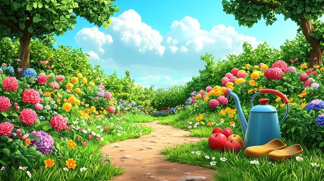 Lush garden path surrounded by vibrant flowers, watering can, apples, and wooden shoes under a blue sky