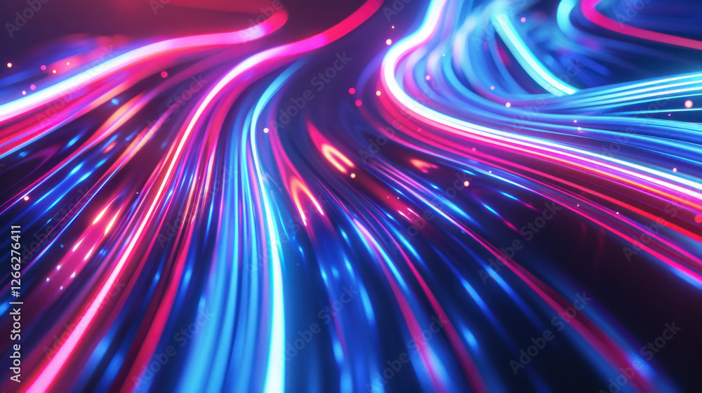 Poster vibrant abstract light trails in blue and pink colors create dynamic visual effect. flowing lines ev