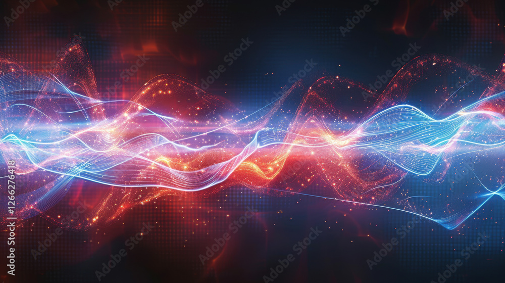 Poster vibrant abstract waves of light in red and blue colors create dynamic visual effect, symbolizing ene