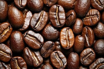 Fototapeta premium Close-up of roasted coffee beans with rich texture and deep brown tones. Ideal for coffee branding, advertisements, packaging, and cafe decor