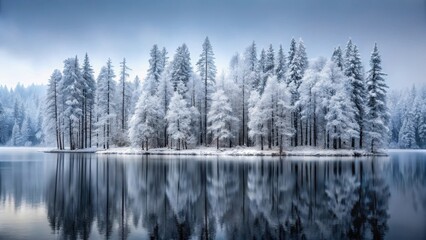 Obraz premium Serene Winter Wonderland Snow-Covered Trees Mirrored in a Still Lake's Frozen Embrace