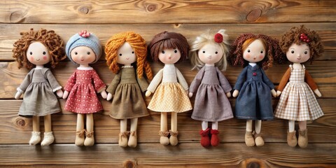 A Row of Handmade Fabric Dolls in Charming Outfits on Rustic Wood