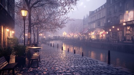 Fototapeta premium A peaceful riverside promenade in a famous city, featuring a stone pathway, benches, and soft evening reflections. 