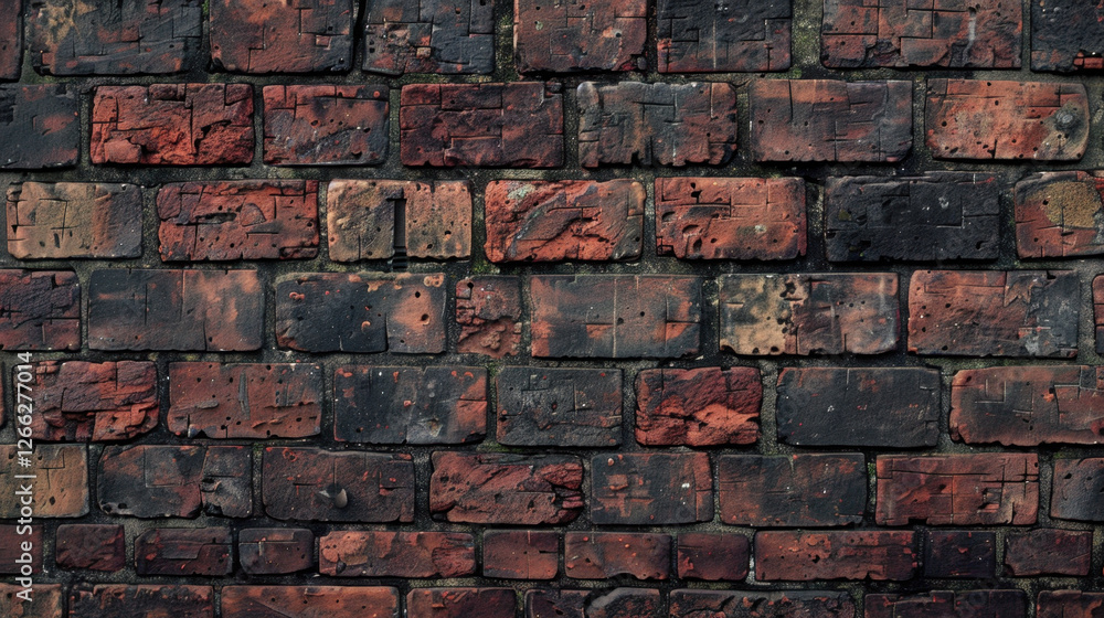 Poster old brick wall with textured surface, featuring red and black bricks, showcasing weathered details a