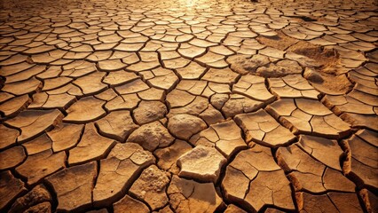 Arid Landscape  Cracked Earth Under Golden Sunlight, Revealing a Texture of Drought and Parched Soil