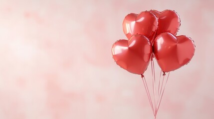 Four red heart-shaped balloons float against a soft pink background, creating a romantic and festive atmosphere perfect for celebrations.