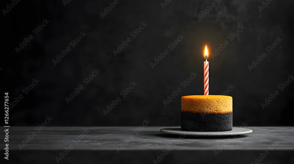 Poster a moody black and white image of a single glowing birthday candle resting atop an old fashioned rust