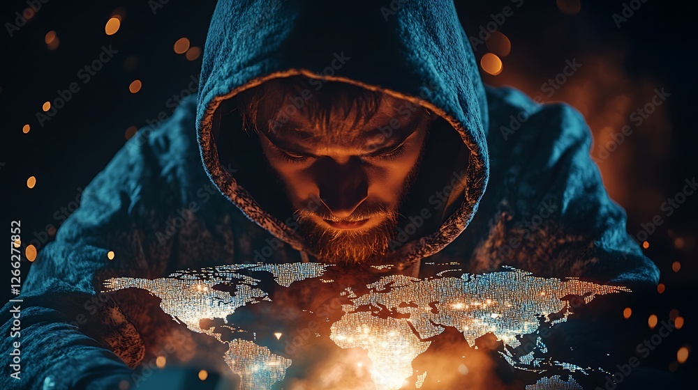 Poster global network hacker: a man in a hoodie observes a glowing world map