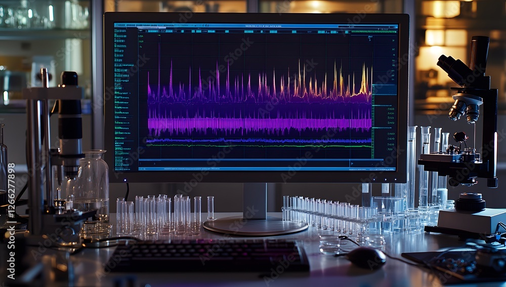 Poster lab workstation displaying data, analysis, night, research