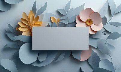 Elegant paper flowers and leaves surround a blank rectangle, perfect for text or branding.  Subtle pastel colors create a serene mood.