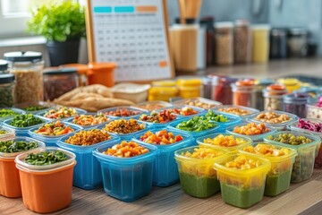 Fototapeta premium Many colorful meal prep containers filled with healthy food. Perfect for blogs, articles about healthy eating, or meal planning.
