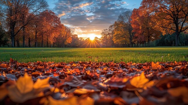 Vibrant autumn landscape at sunset with colorful leaves covering the ground in a serene park - Powered by Adobe