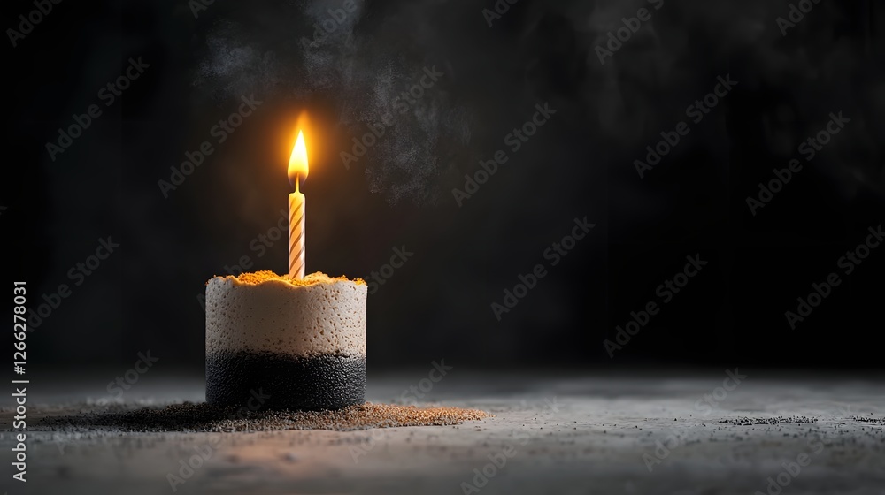 Poster a visually striking 3d rendered image of a single glowing candle on an old fashioned birthday cake s