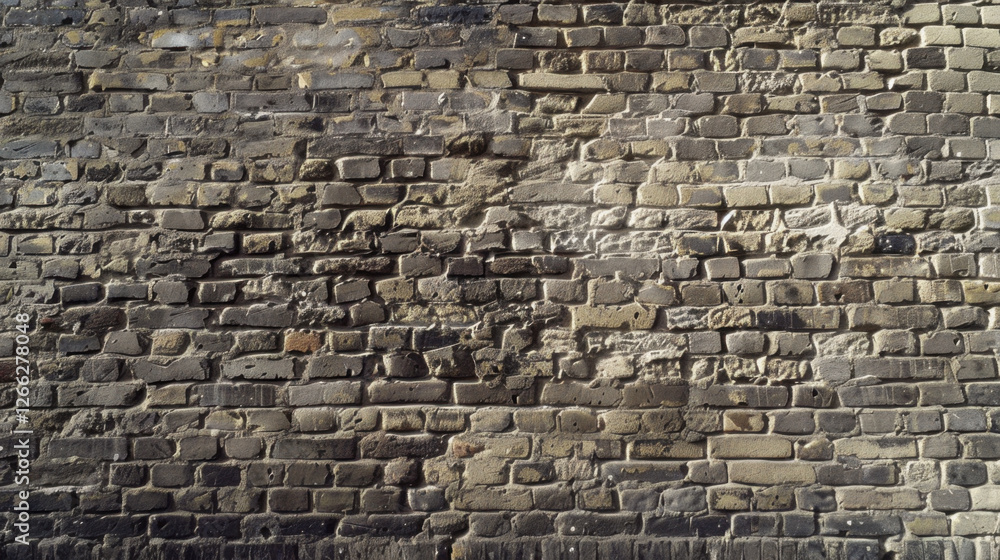Poster textured brick wall with varying shades of gray and brown, showcasing weathered and aged bricks. sur