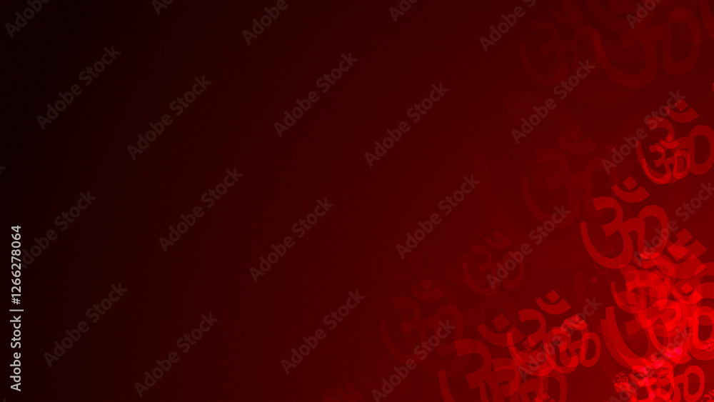 Poster red om symbol shapes are moving from the bottom right of a gradient grid abstract background, horizo