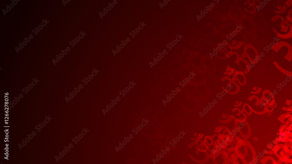 Poster red om symbol shapes are moving from the bottom right of a gradient grid abstract background, horizo