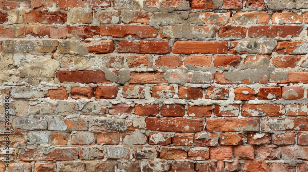 Poster old brick wall with mix of red and gray bricks, showcasing texture and wear. uneven surface adds cha