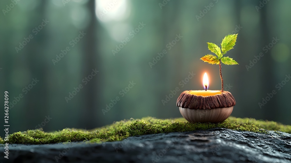 Poster a 3d rendered image of a flickering candle inside an acorn shell resting on a moss covered log in a 