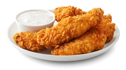 Fried chicken tenders with a rich ranch dressing dip on a white plate