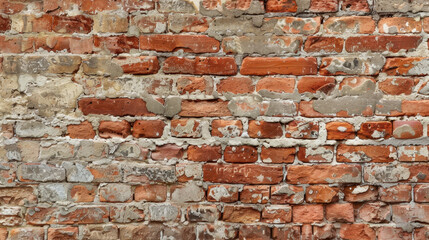 Fototapeta premium Old brick wall with mix of red and gray bricks, showcasing texture and wear. uneven surface adds character and depth to structure