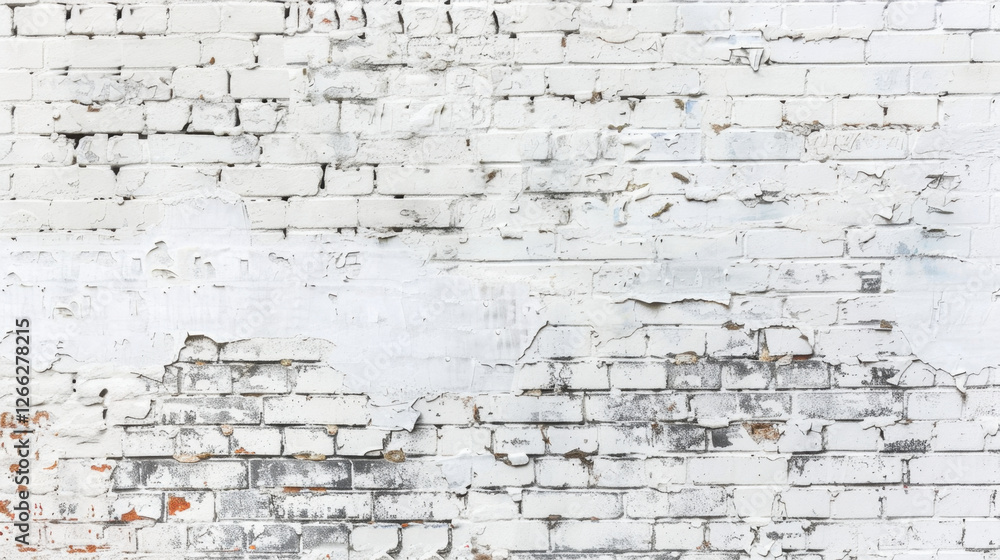 Poster white brick wall with peeling paint and texture, showcasing rustic and weathered appearance. surface