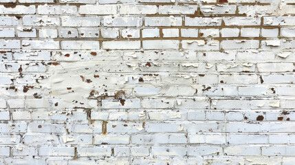 weathered white brick wall with peeling paint and visible texture, showcasing rustic and aged appearance. imperfections add character and depth to surface