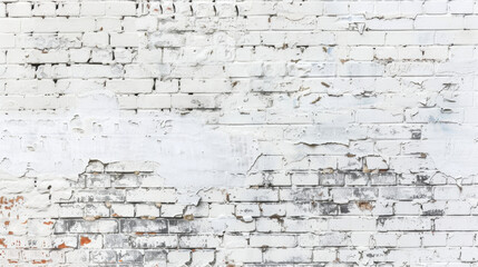 White brick wall with peeling paint and texture, showcasing rustic and weathered appearance. surface features cracks and imperfections, adding character to backdrop